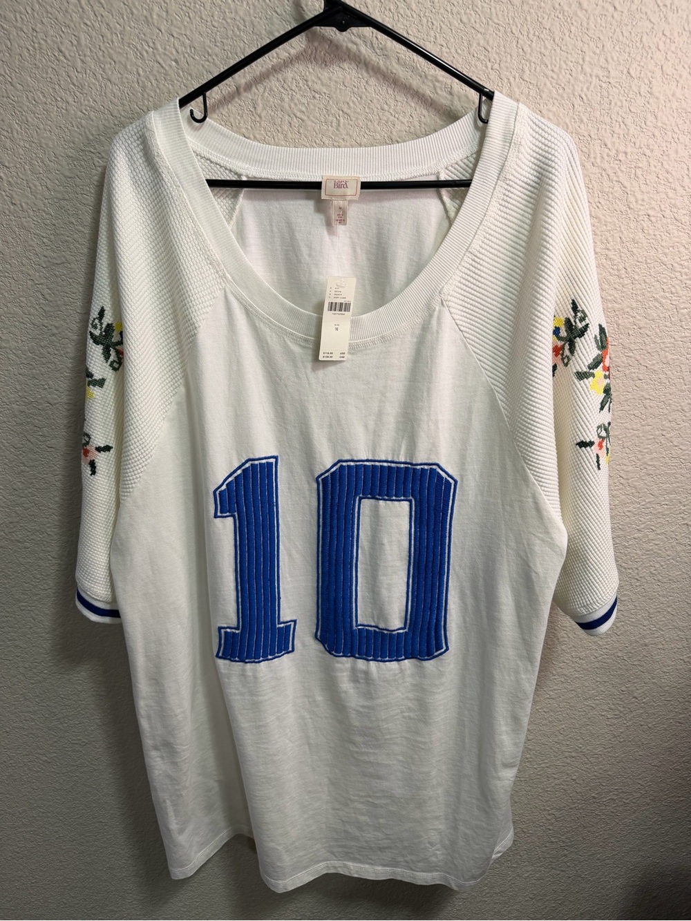 Anthropologie White Short Sleeve Tee with Blue '10' and Floral Sleeves